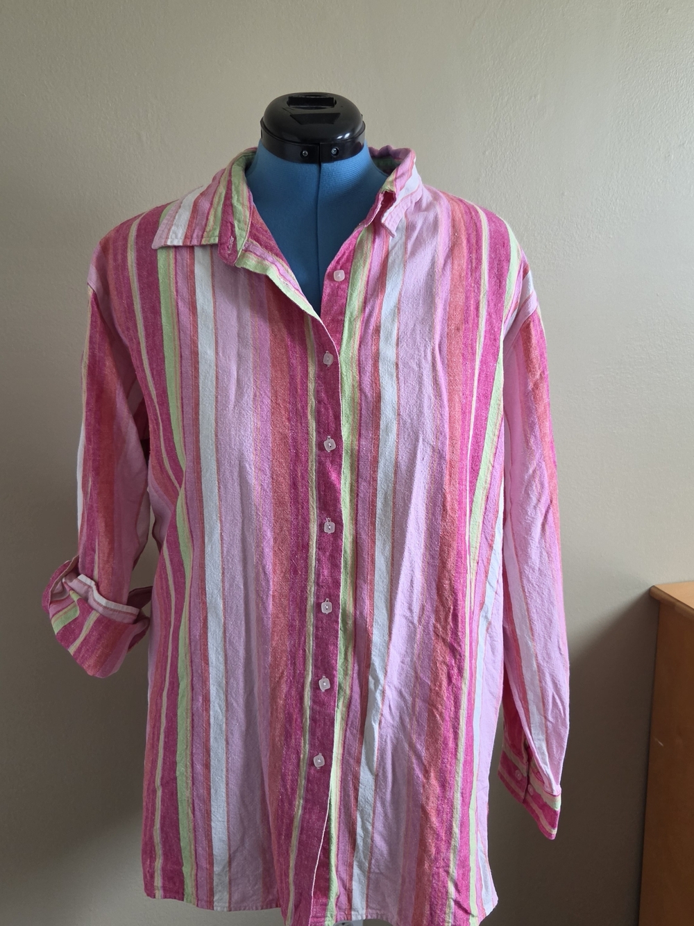 Kim Rogers Pink and Green Striped Button-Down Shirt